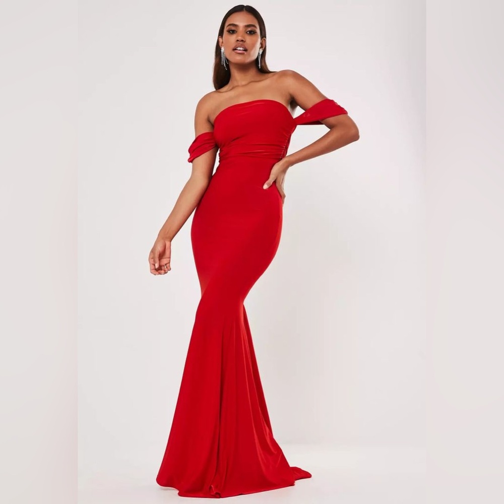 MISSGUIDED // Red Slinky Bardot Fishtail Maxi Dress